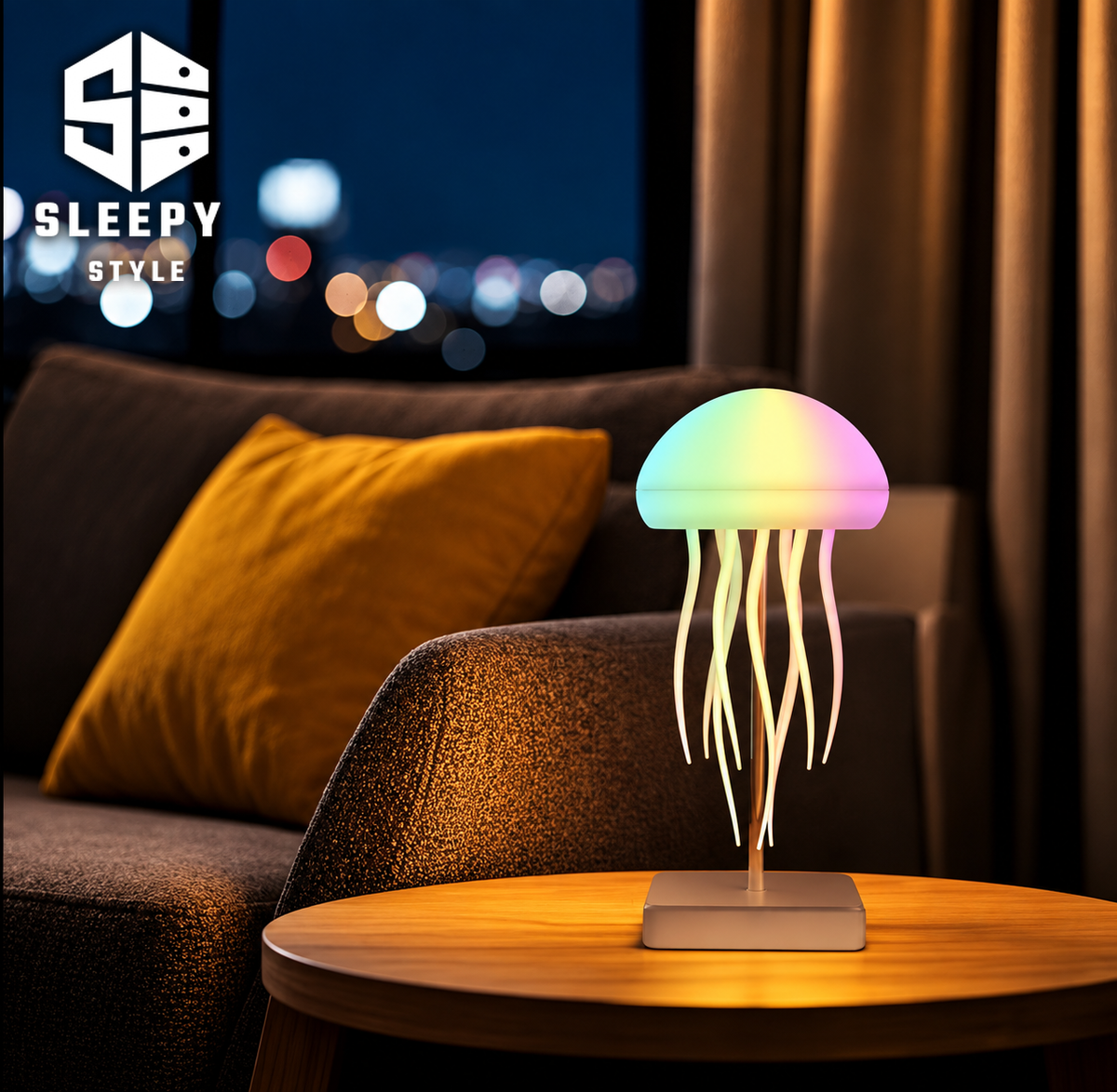 SleepyStyle Jellyfish Lamp on a side table in a living room